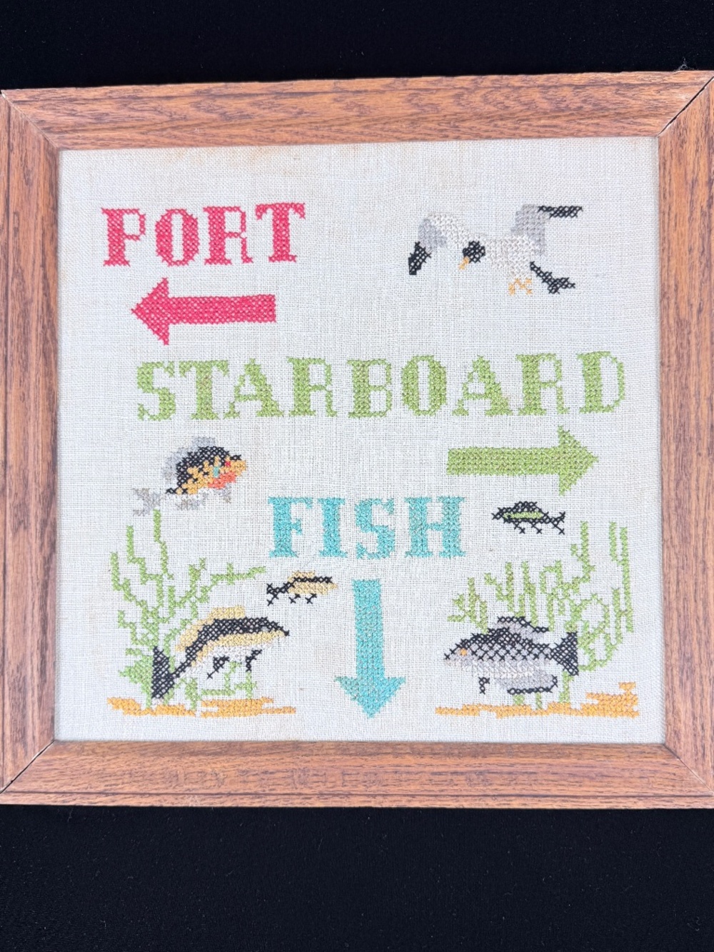 1970s Finished Framed Cross Stitch Boat Decor Fishing Lake Fisherman Fathers Day